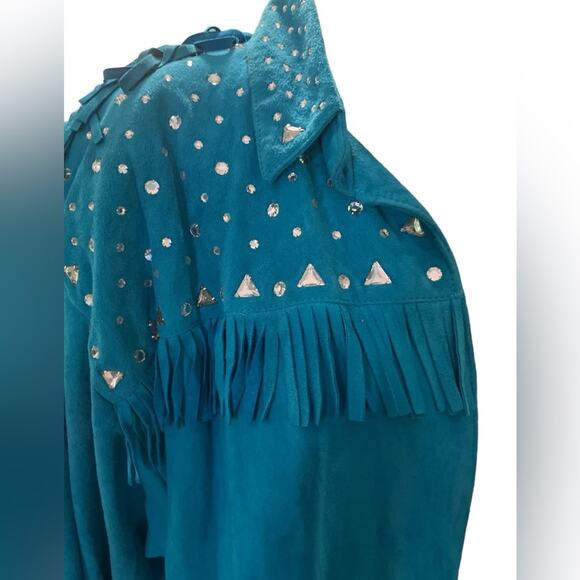 Vtg 80s Suede Fringe Rhinestone Western Oversized Jacket M Western Maximalist - Picture 3 of 7